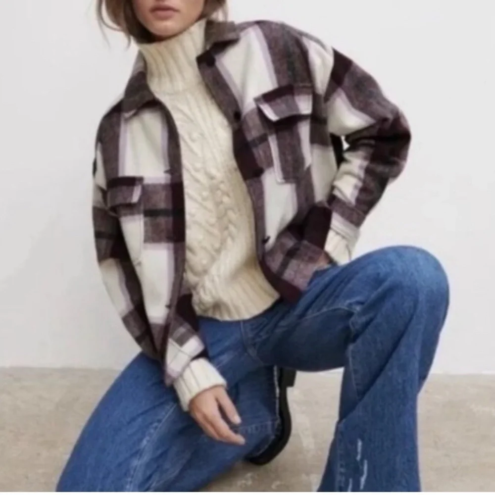 Zara Women's Purple Check Plaid Wool-Blend Overshirt Shacket Size Large - Picture 1 of 7